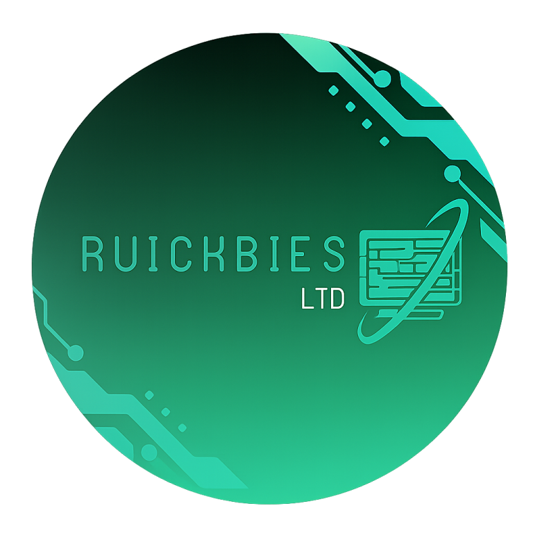 Ruickbies Ltd logo Logo of Ruickbies Ltd, featuring a modern design with circuit patterns in teal and black.